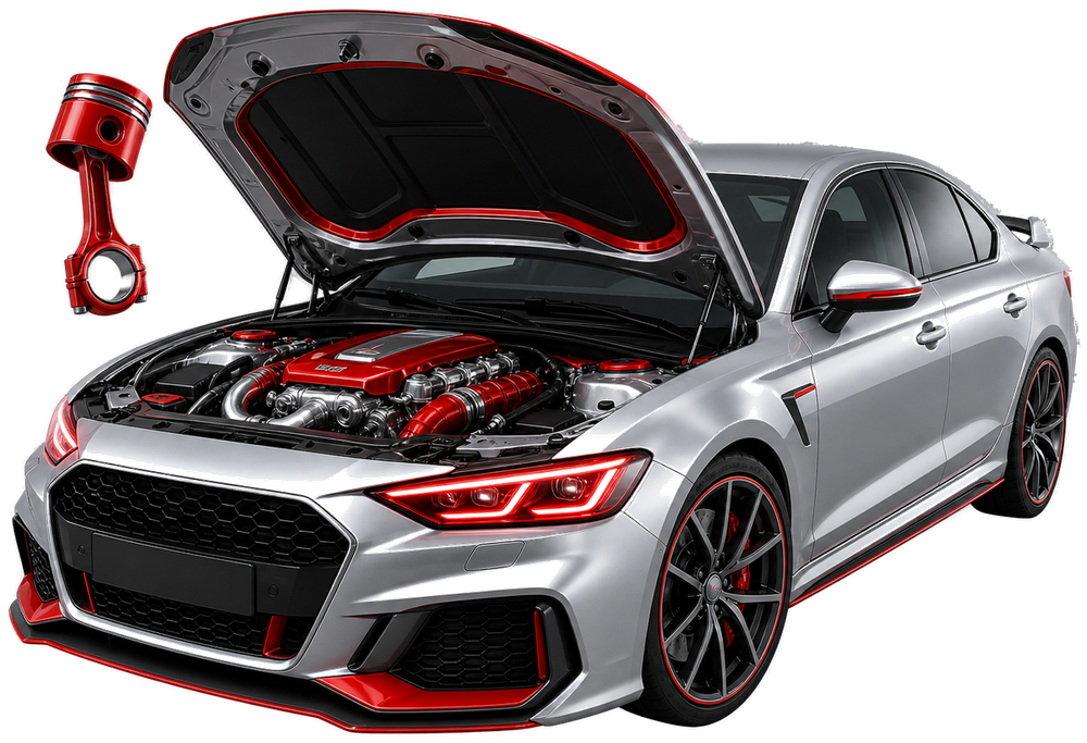 Modern silver sports car with open hood, engine, and mechanical tools