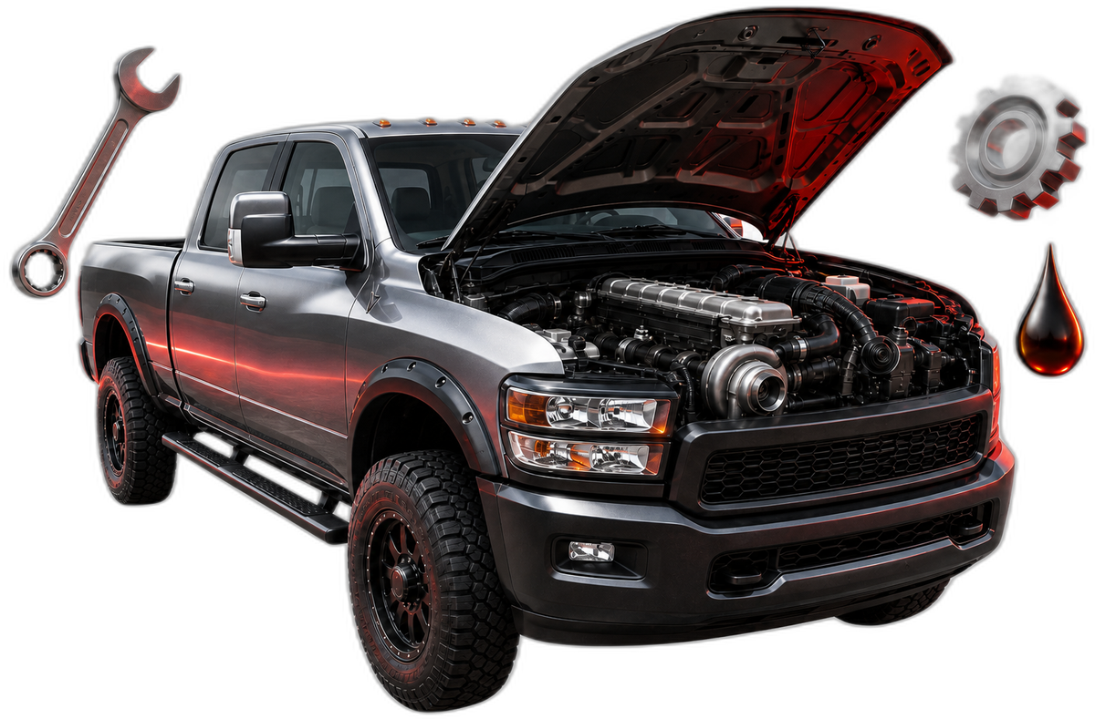 Heavy-duty diesel pickup truck with open hood, diesel engine repair — Car Master Engines